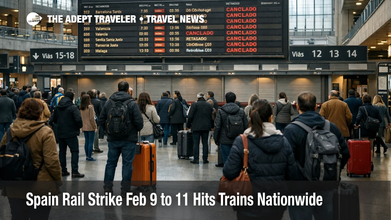 Spain rail strike Feb 9 shows cancellations on Atocha departures board as travelers wait with luggage