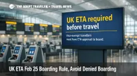 UK ETA boarding rule sign at Heathrow check in warns visa free travelers of Feb 25, 2026 denied boarding risk