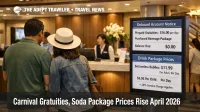 Carnival gratuities April 2026 change shown at ship guest services desk as travelers plan prepaid tips and soda