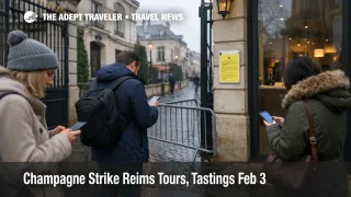  Champagne strike Reims tours uncertainty, travelers check phones outside an Épernay cellar visit entrance on Feb 3
