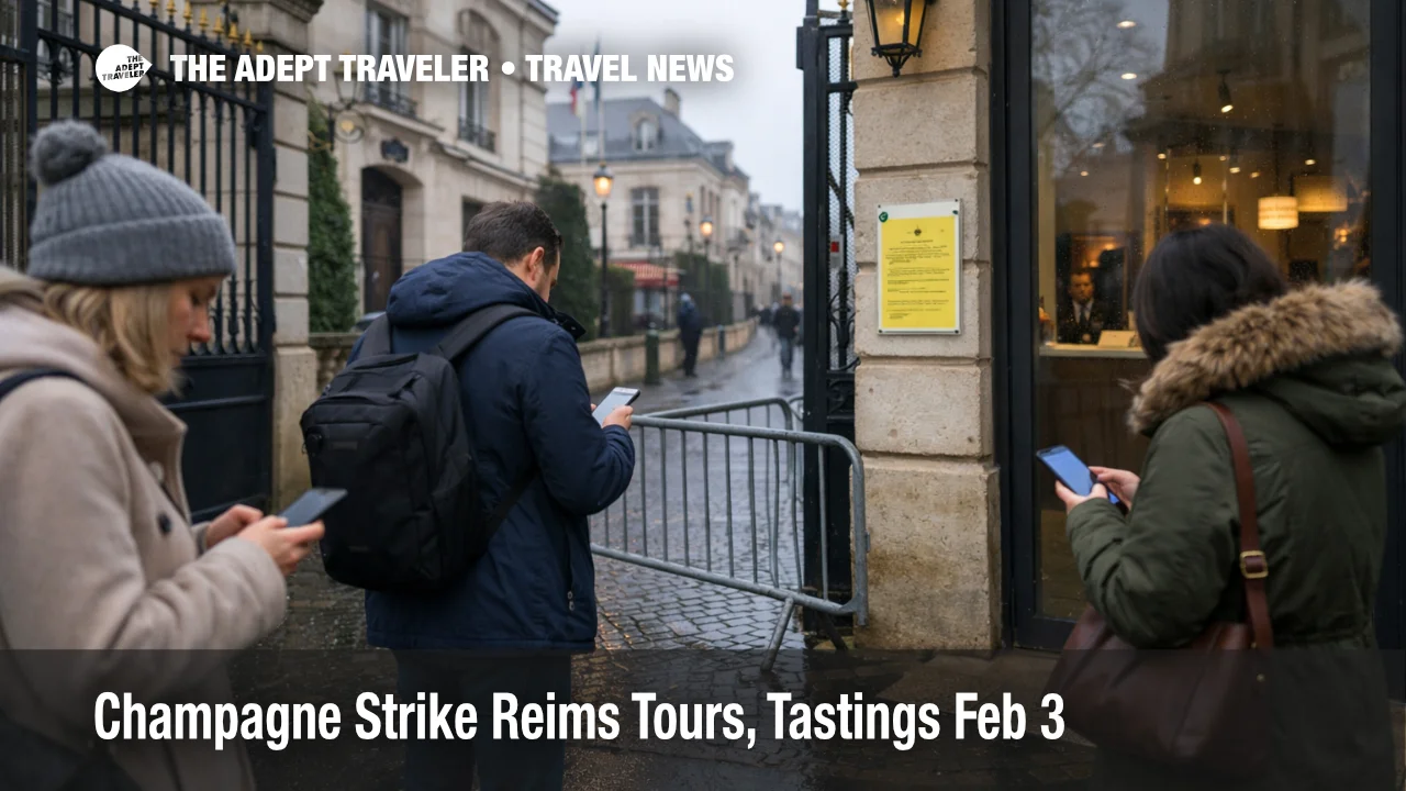 Champagne strike Reims tours uncertainty, travelers check phones outside an Épernay cellar visit entrance on Feb 3