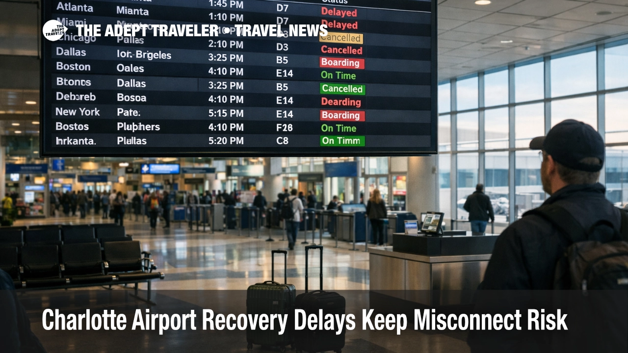 Charlotte airport recovery delays shown as travelers watch a CLT departures board during the post-snow reset helper comment