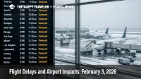 Flight Delays and Airport Impacts at DTW, a departures board shows delays as snow and low ceilings slow operations