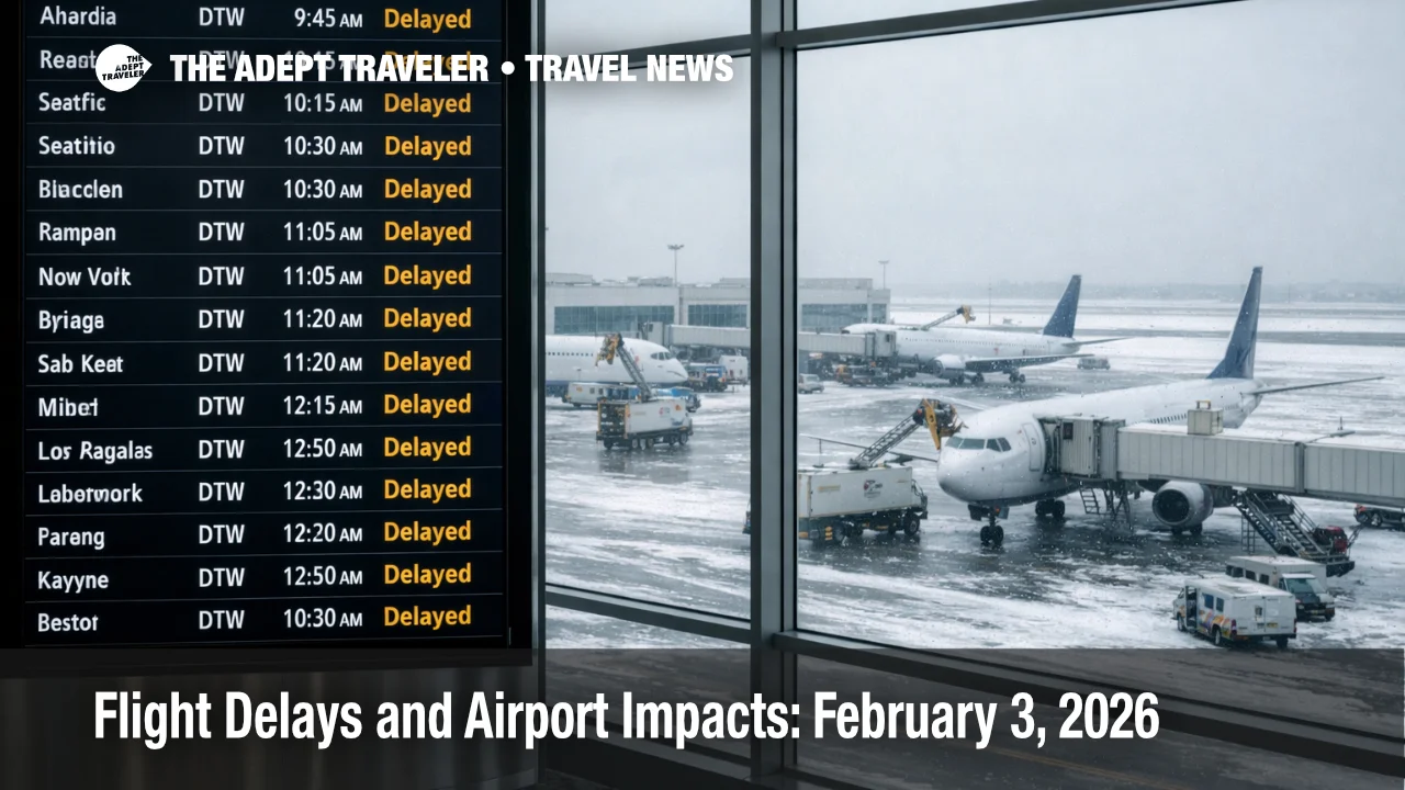 Flight Delays and Airport Impacts at DTW, a departures board shows delays as snow and low ceilings slow operations
