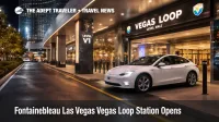 Fontainebleau Vegas Loop station pickup area at South Valet, showing Tesla curb access for faster LVCC transfers