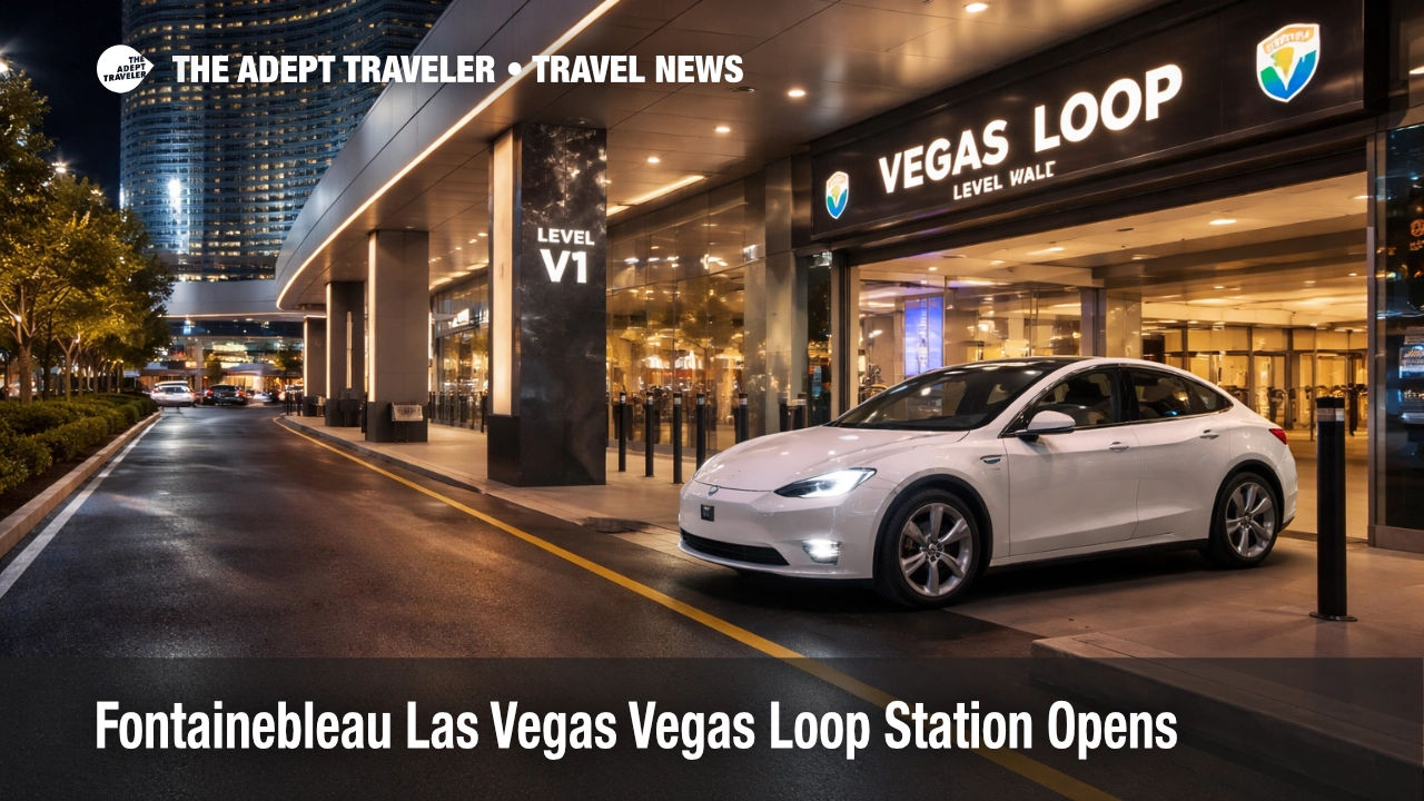 Fontainebleau Vegas Loop station pickup area at South Valet, showing Tesla curb access for faster LVCC transfers