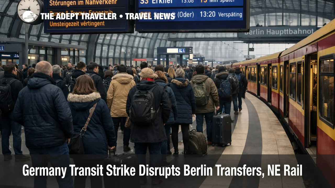 Germany transit strike Berlin transfers, travelers crowd an S-Bahn platform as buses and trams stop running
