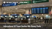 International Travel to US Decline shown by a quiet Orlando arrivals hall with passport control booths and travel notices
