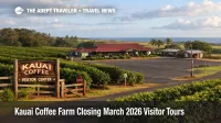 Kauai Coffee farm closure shown by an empty visitor center lot beside coffee fields on Kauai in March