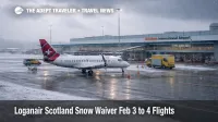 Loganair Scotland snow waiver as snow clouds and a turboprop sit on a slick Aberdeen ramp, signaling delay risk