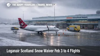  Loganair Scotland snow waiver as snow clouds and a turboprop sit on a slick Aberdeen ramp, signaling delay risk