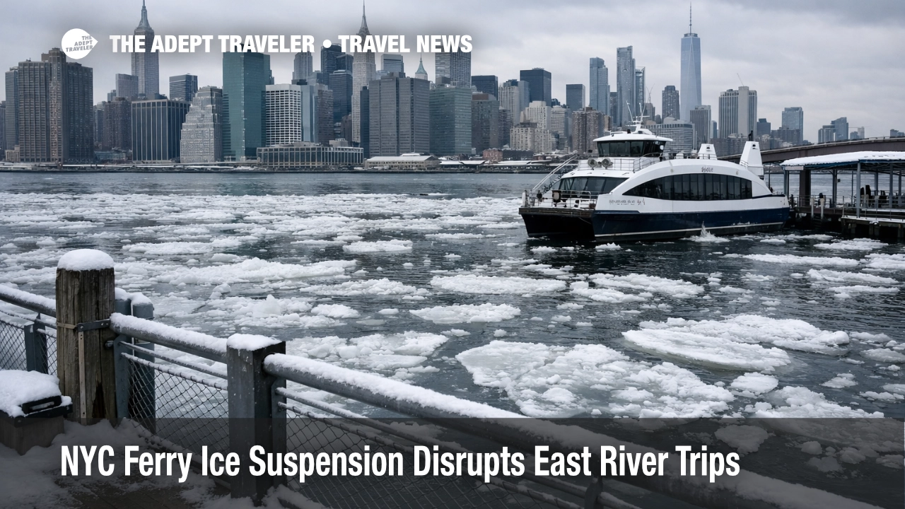 NYC Ferry ice suspension leaves ice floes on the East River, forcing longer subway routes and tighter airport transfers