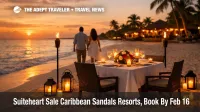 Sandals Suiteheart sale perks shown in a candlelight beach dinner setup at Sandals Negril on Seven Mile Beach