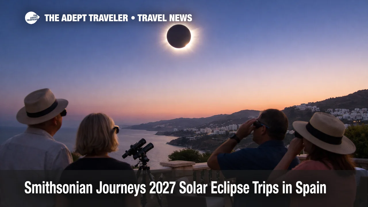 Smithsonian 2027 eclipse trips Spain, travelers watch totality from an Andalusia resort terrace near the coast.