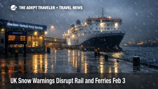  UK snow warnings rail, travelers face ferry delays at Aberdeen harbour terminal under sleet and low cloud
