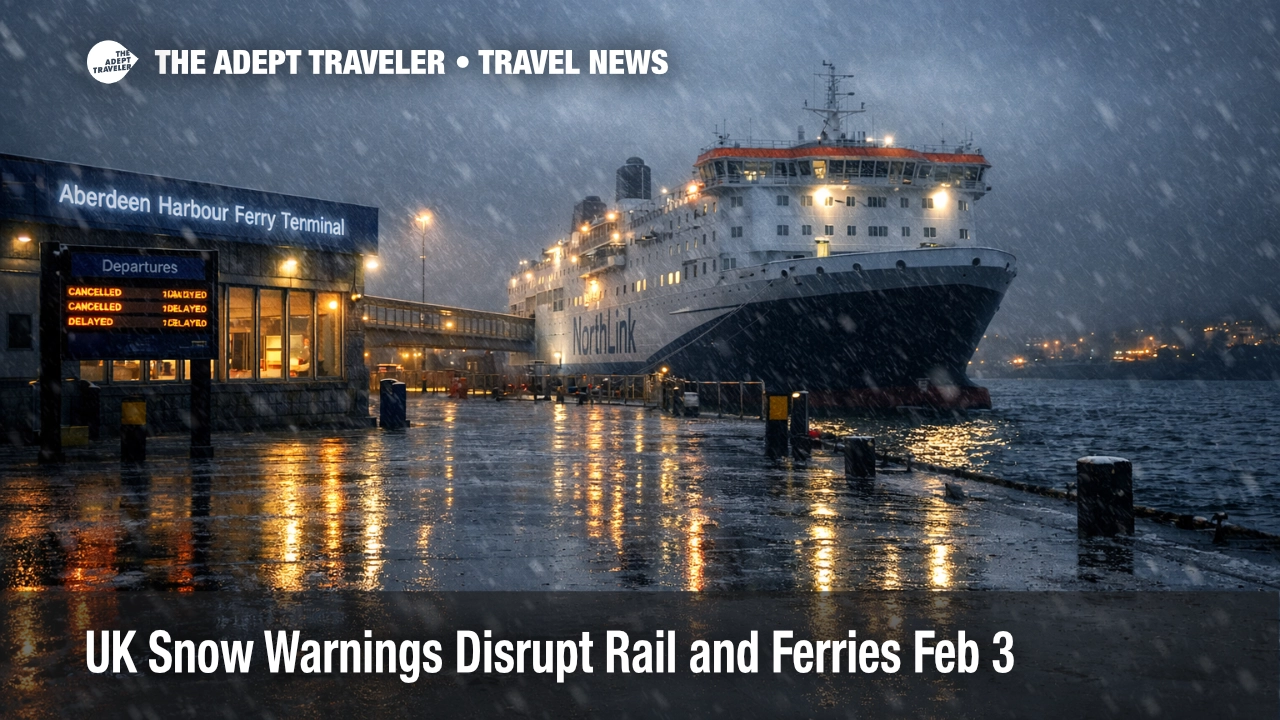 UK snow warnings rail, travelers face ferry delays at Aberdeen harbour terminal under sleet and low cloud
