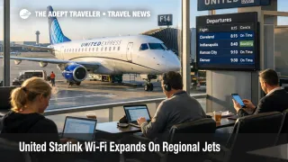 United Starlink Wi-Fi regional jets shown at ORD, travelers work on laptops at a United Express gate