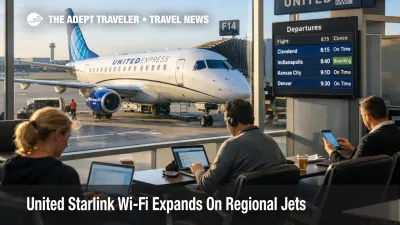 United Starlink Wi-Fi regional jets shown at ORD, travelers work on laptops at a United Express gate