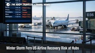  Winter Storm Fern airline recovery disruption shown by DFW departures board with delays and deicing on the ramp