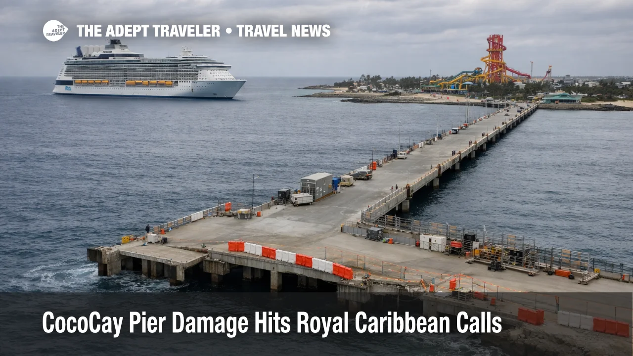 CocoCay pier damage cruise calls constrained as a ship waits offshore near the private island under overcast skies
