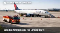 Delta engine fire San Antonio scene with a Delta jet parked at SAT near a fire truck, signaling delays, swaps, and rebooking risk