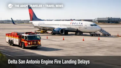  Delta engine fire San Antonio scene with a Delta jet parked at SAT near a fire truck, signaling delays, swaps, and rebooking risk