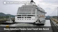 Disney Adventure Panama Canal transit record, giant cruise ship passes through Agua Clara Locks with assisting tugs