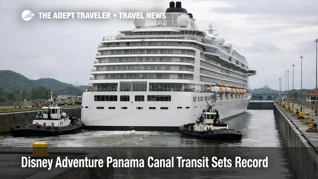 Disney Adventure Panama Canal transit record, giant cruise ship passes through Agua Clara Locks with assisting tugs