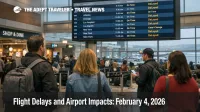 US flight delays February 4 2026, travelers watch SFO departures board as Super Bowl volume tightens schedules