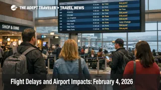  US flight delays February 4 2026, travelers watch SFO departures board as Super Bowl volume tightens schedules