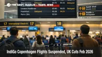 IndiGo Copenhagen flights suspended as Delhi departures board shows fewer UK departures and longer routings