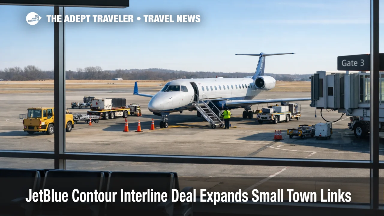 JetBlue Contour interline agreement links small airports to connections, with a regional jet at the gate at Smyrna Airport