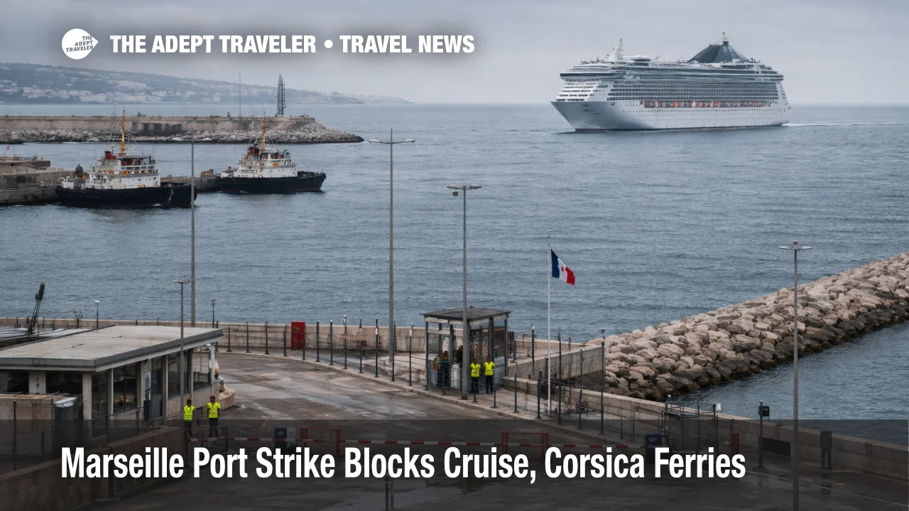 Marseille port strike cruise ferries, a cruise ship waits offshore as blocked harbor access disrupts sailings