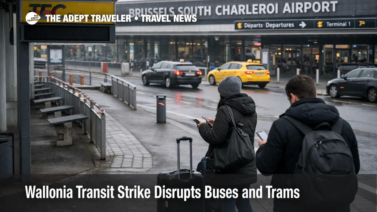 Wallonia transit strike disruptions leave Charleroi airport bus bays quiet, pushing travelers to scarce taxis and earlier buffers