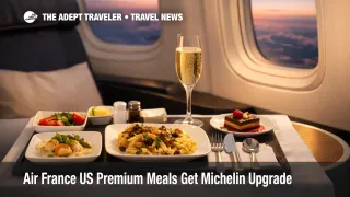 Air France US premium meals shown in Premium cabin, a four course tray with Champagne on a flight to Paris