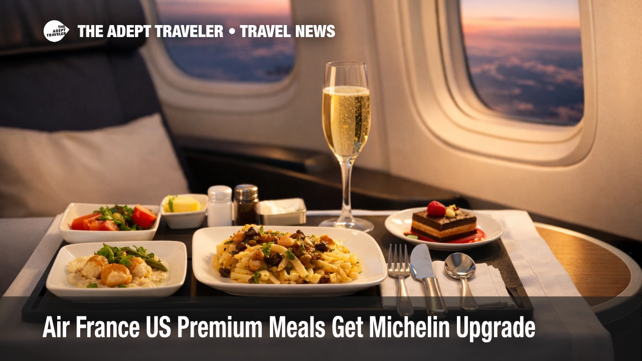 Air France US premium meals shown in Premium cabin, a four course tray with Champagne on a flight to Paris