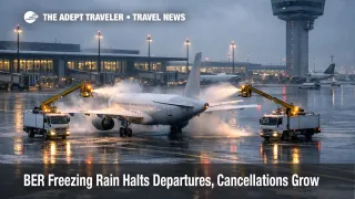  BER freezing rain departures halted as de icing trucks spray an aircraft on an icy apron under low gray clouds