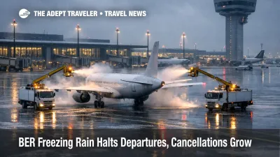  BER freezing rain departures halted as de icing trucks spray an aircraft on an icy apron under low gray clouds