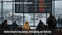 Berlin airport icing delays shown on departures board as travelers wait during freezing rain disruption inside BER