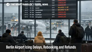  Berlin airport icing delays shown on departures board as travelers wait during freezing rain disruption inside BER