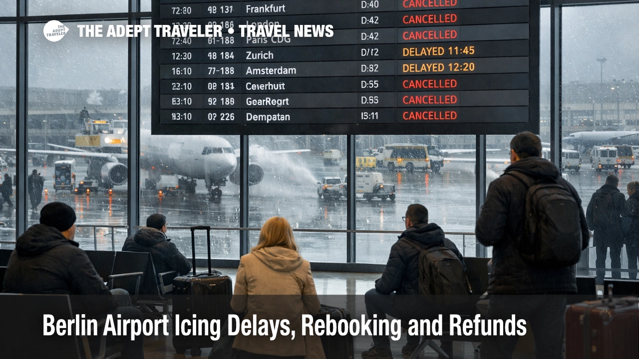 Berlin airport icing delays shown on departures board as travelers wait during freezing rain disruption inside BER