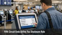 Fifth Circuit airline fee disclosure rule image, traveler checks bag fee details at a U.S. airport kiosk before flying