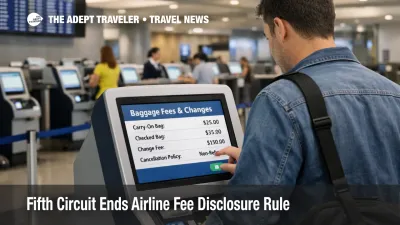  Fifth Circuit airline fee disclosure rule image, traveler checks bag fee details at a U.S. airport kiosk before flying