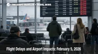Charlotte flight delays February 5, travelers watch CLT departures board as low ceilings and snow slow arrivals