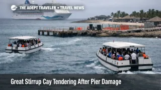 Great Stirrup Cay tendering slows the beach day as tenders shuttle guests from an anchored cruise ship under overcast skies