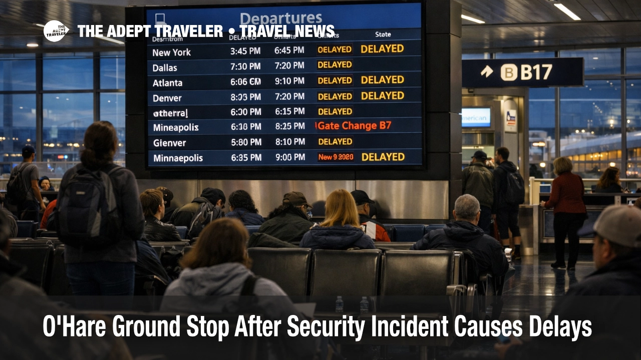 O'Hare ground stop security incident delays travelers as a departures board shows late evening flight changes