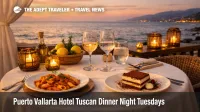 Puerto Vallarta hotel Tuscan dinner setup at a seaside table, showing the Tuesday night theme at La Ceiba