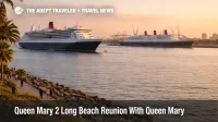 Queen Mary 2 Long Beach reunion shows liner offshore beside docked Queen Mary, helping visitors plan viewing