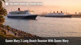  Queen Mary 2 Long Beach reunion shows liner offshore beside docked Queen Mary, helping visitors plan viewing
