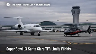  Super Bowl LX Santa Clara TFR leaves a business jet waiting on the ramp at San José Mineta Airport during restrictions